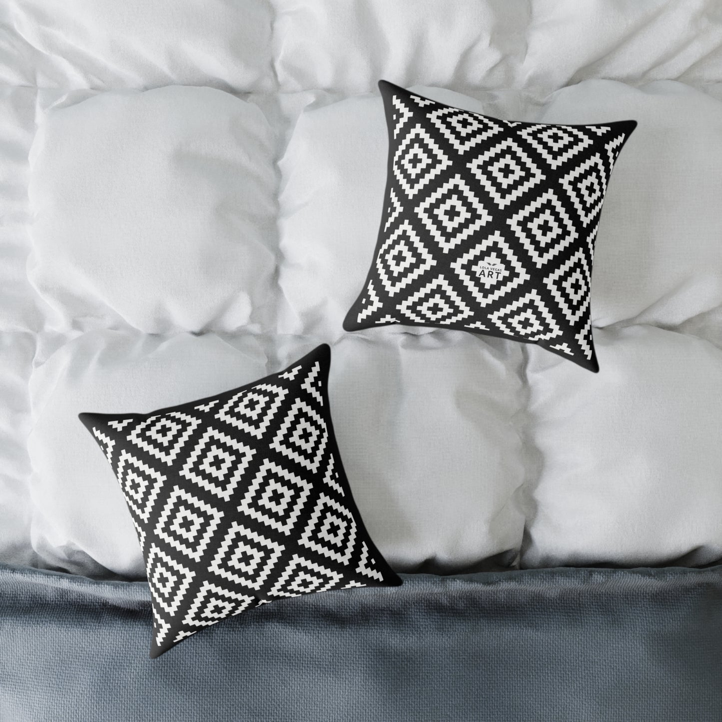 Black White Boho Native American Geometric Diamond Pattern Pillow | Square Poly Canvas Pillow