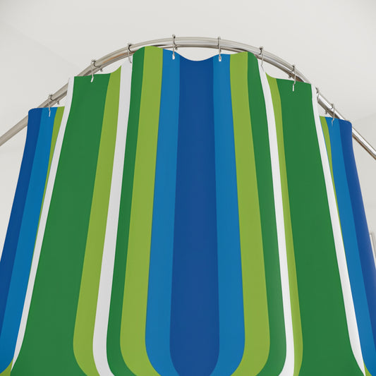 Retro Green Blue Striped Shower Curtain | Mid-Century Modern Bathroom