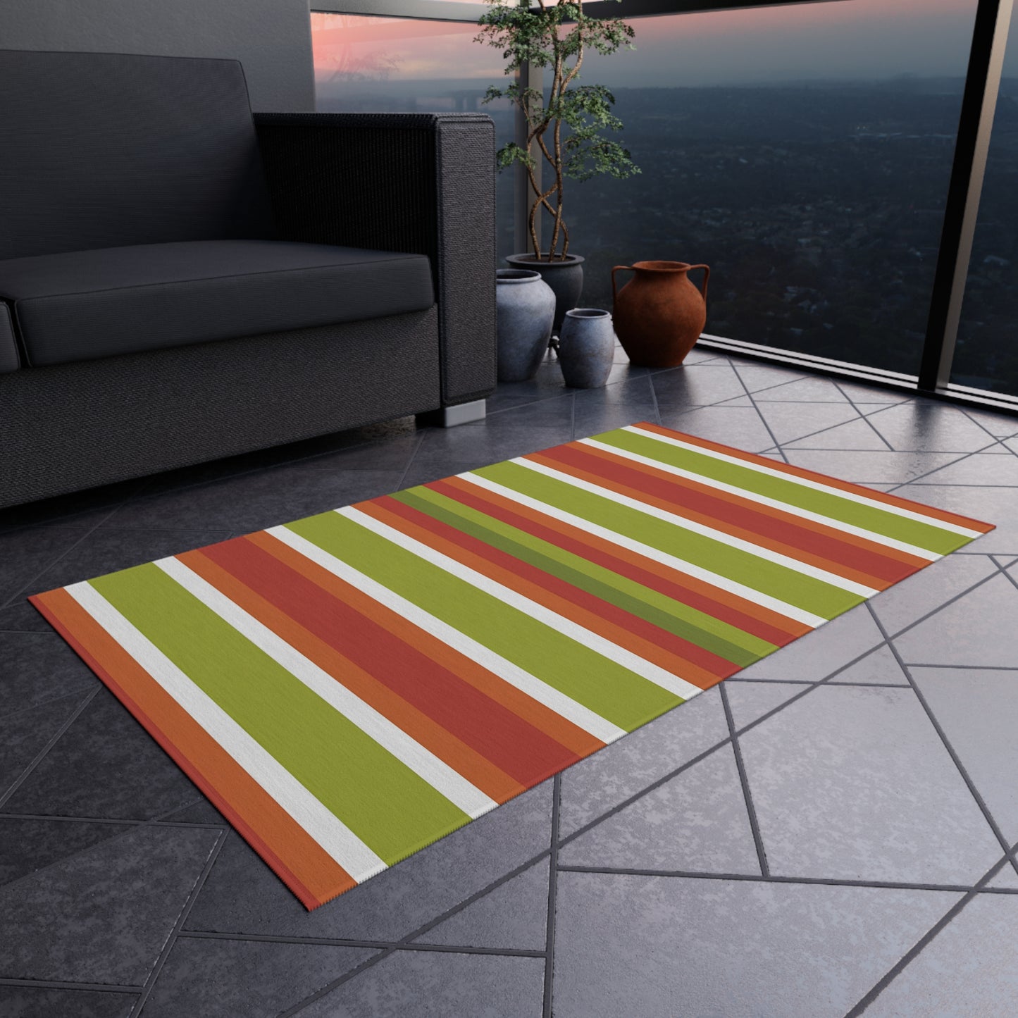 Green Orange White Stripe Outdoor Rug | Patio Door Mat, Weatherproof Porch Runner