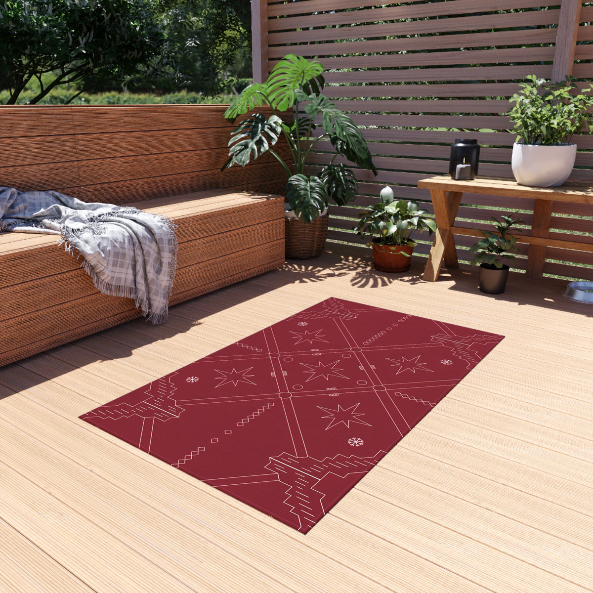 Geometric Star Pattern Outdoor Rug | Red Southwestern Patio Mat