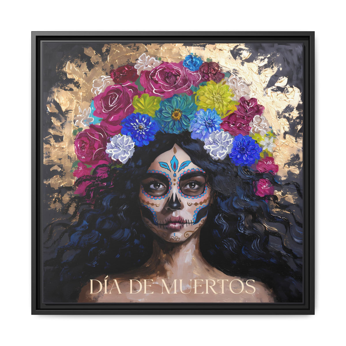 Día de Muertos Sugar Skull Woman Matte Canvas Framed | Floral Headdress Wall Art