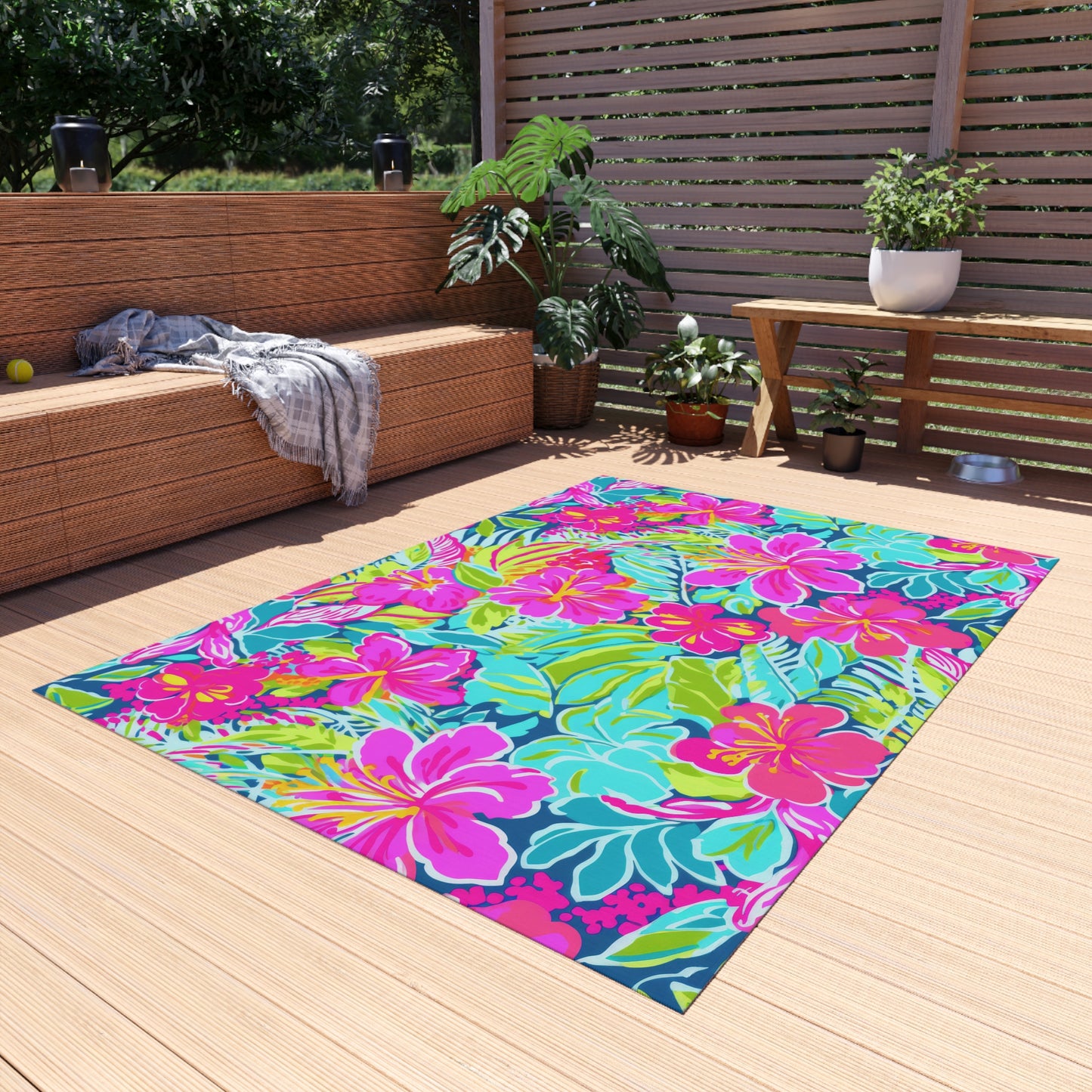 Tropical Hibiscus Floral Outdoor Rug | Bright Pink Teal Patio Mat