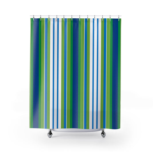 Blue Green Vertical Striped Shower Curtain | Nautical Bathroom Decor