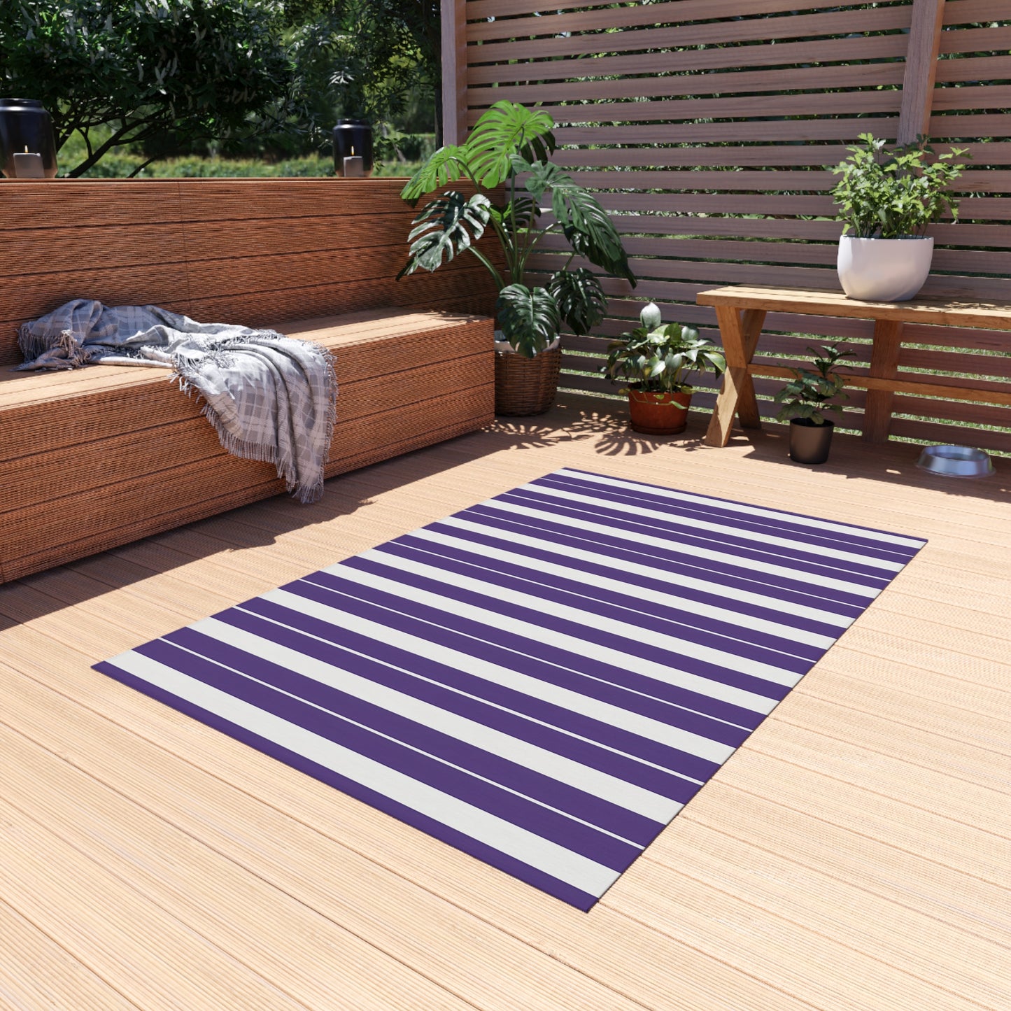 Purple White Stripe Outdoor/Indoor Rug | Patio Mat, Weather-Resistant Striped Doormat