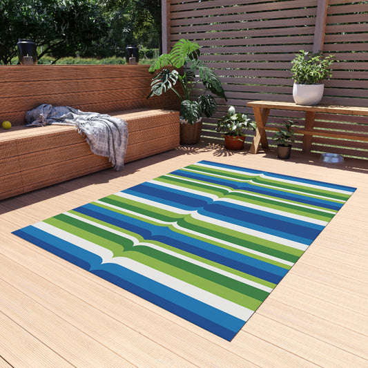 Blue Green Striped Pattern Outdoor/Indoor Rug | Patio Deck Mat