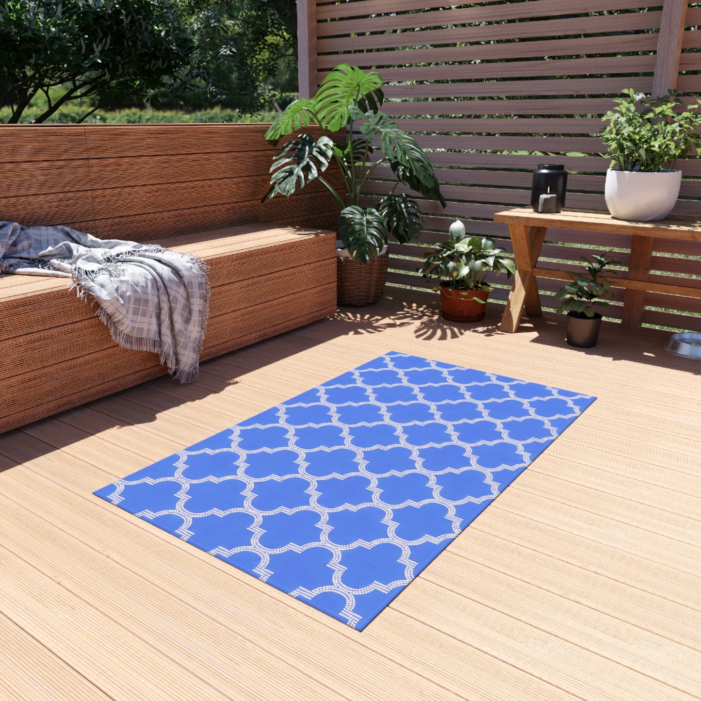 Blue Periwinkle Moroccan Trellis Outdoor/Indoor Rug | Geometric Patio Mat