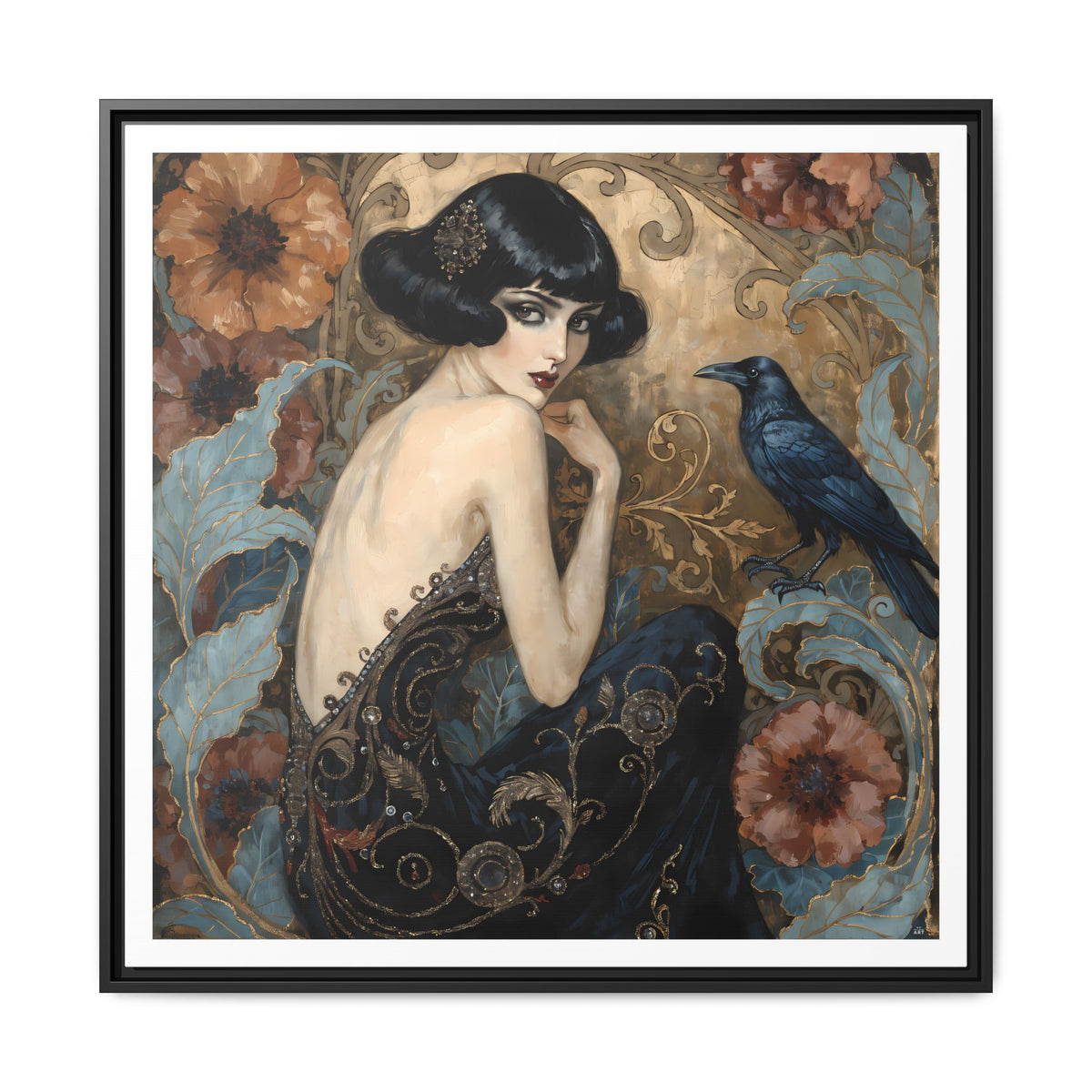 Art Deco Lady with Raven Matte Canvas Framed Wall Art | Vintage Floral Portrait