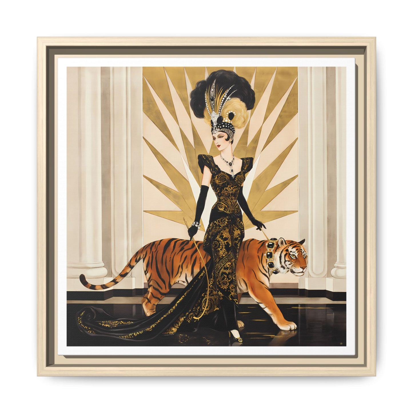 Art Deco Showgirl with Tiger Matte Canvas Framed Print