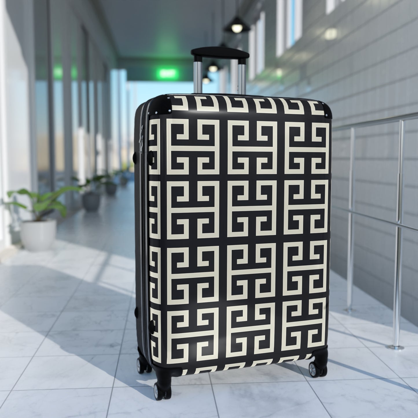 Greek Key Geometric Pattern Suitcase | Black White Travel Luggage