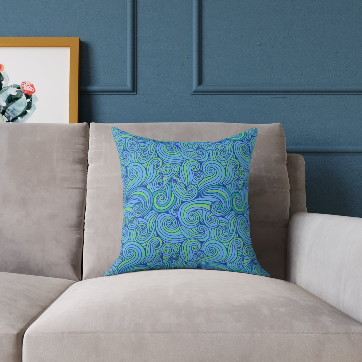 Blue Green Swirl Pattern Pillow | Square Poly Canvas Pillow