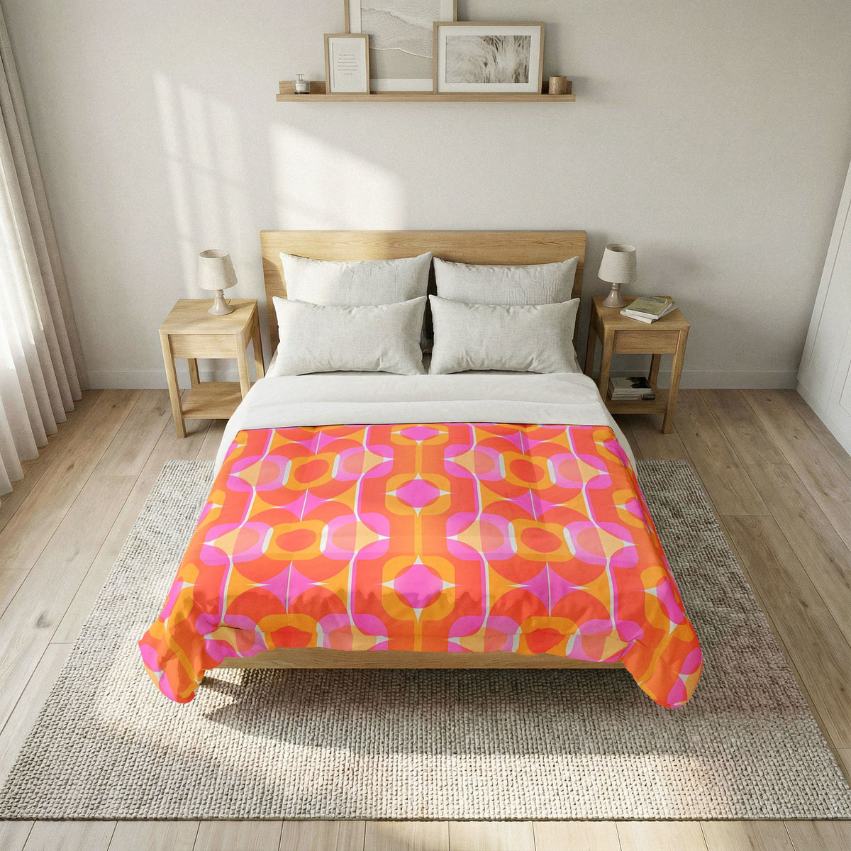Retro Geometric Pattern Cotton Comforter | Orange Pink Mid Century Bedspread