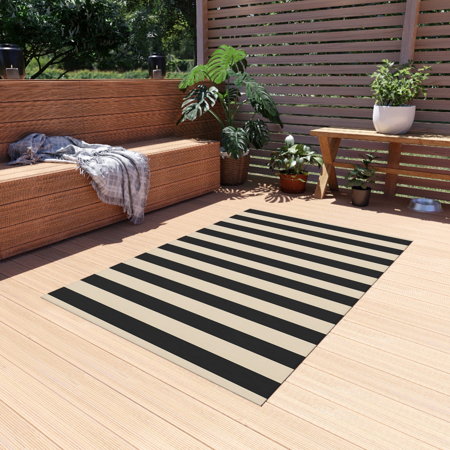 Black and Natural Striped Outdoor/Indoor Rug | Patio Floor Mat