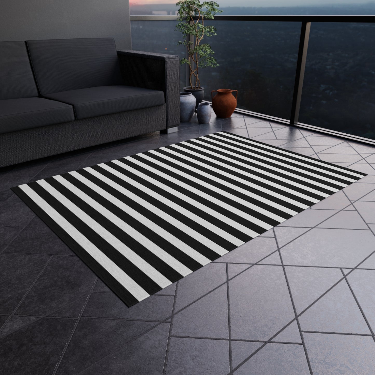 Black and White Stripe Indoor/Outdoor Rug | Patio Mat, Modern Chevron-Free Design