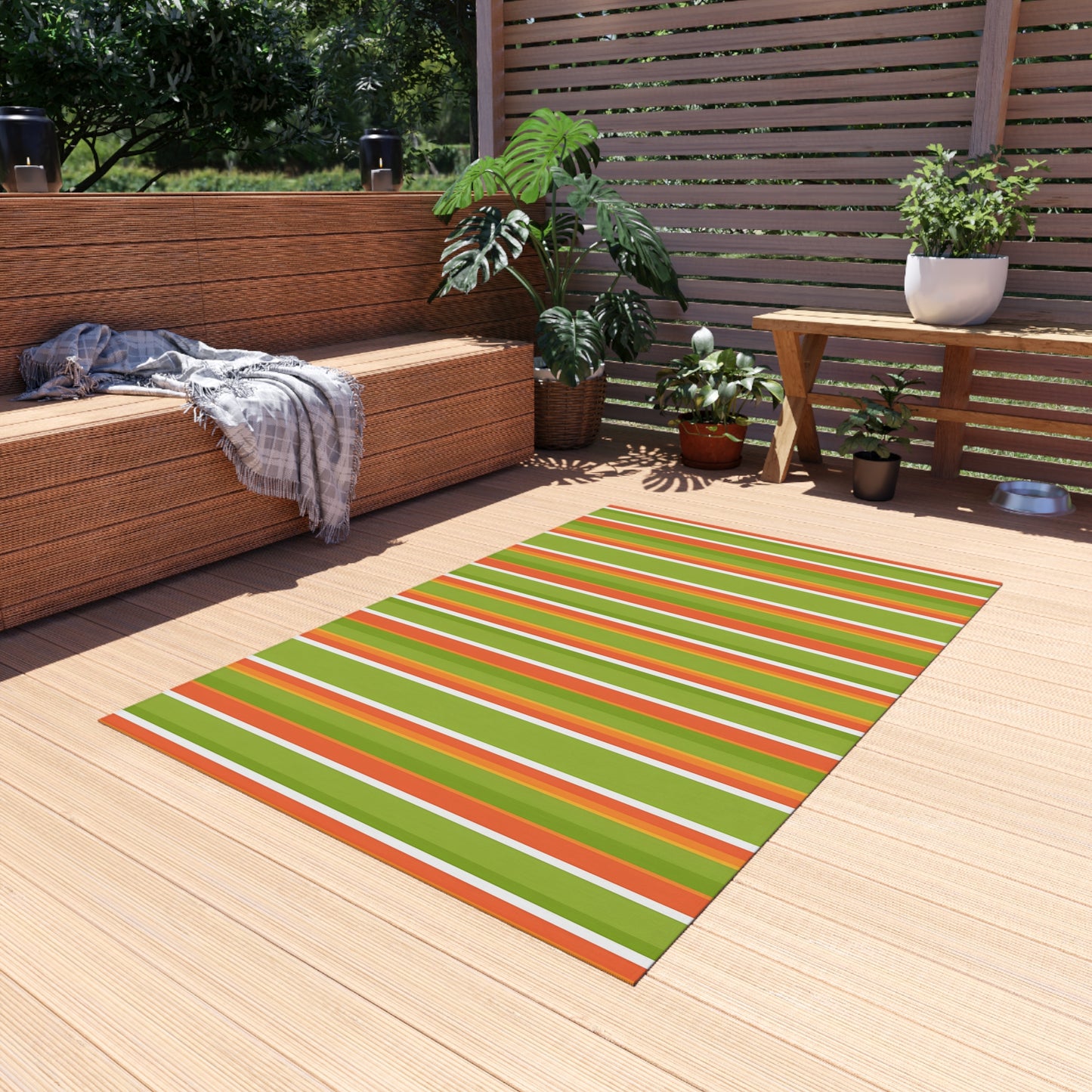 Bright Orange Green Striped Outdoor/Indoor Rug
