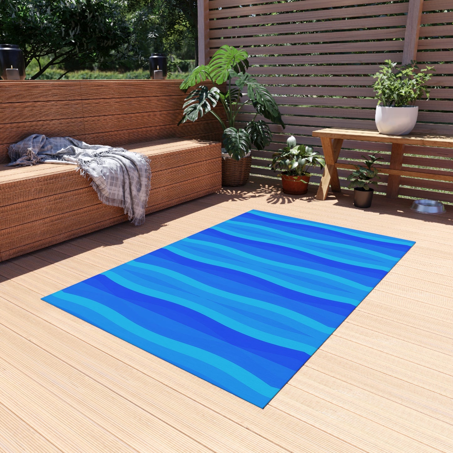 Blue Wave Stripe Outdoor Rug | Coastal Patio Mat
