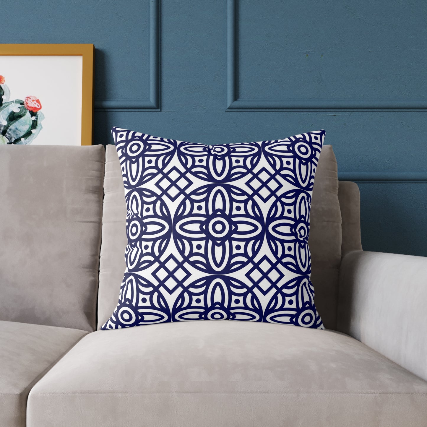 Navy Geometric Pattern Square Pillow | Blue Moroccan Motif, Boho Accent Cushion, Home Decor, Gift for Housewarming, Modern Interior Style
