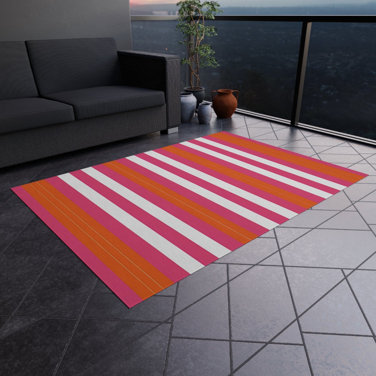 Bright Pink Orange Stripe Outdoor/Indoor Rug | Patio Mat, Weatherproof