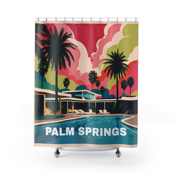 MidCentury Modern Palm Springs Shower Curtain, Retro Travel Poster Ba