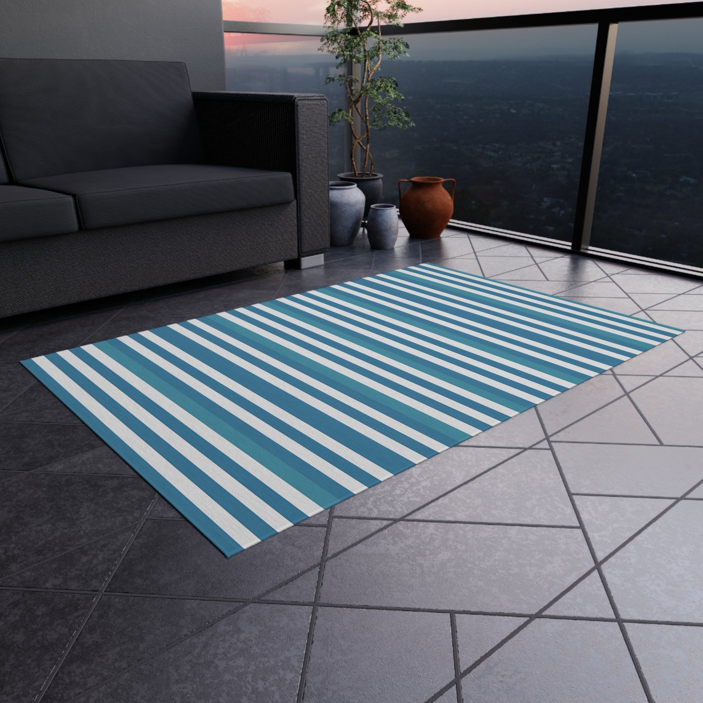 Blue White Striped Outdoor/indoor Rug | Patio Door Mat