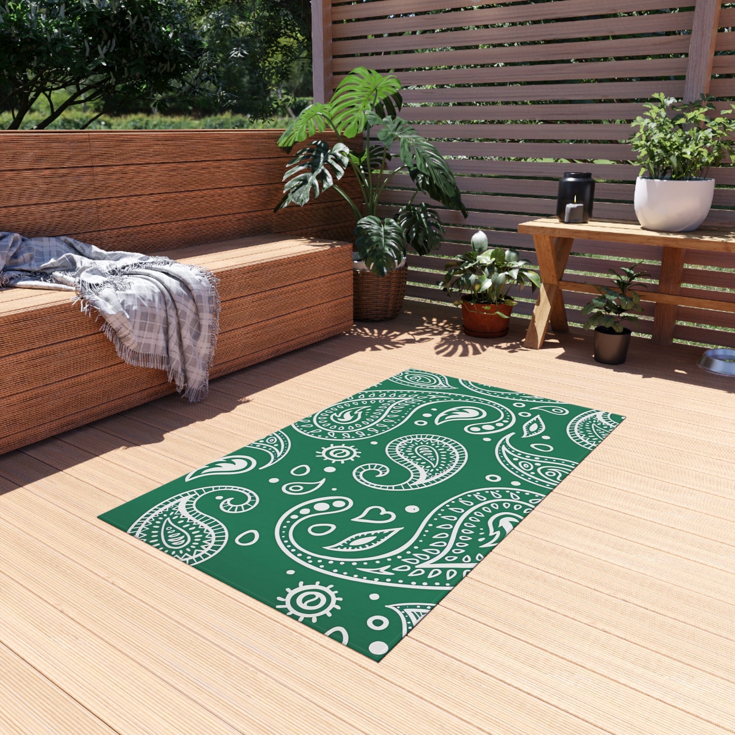 Green Paisley Pattern Outdoor/Indoor Rug | Waterproof Patio Mat