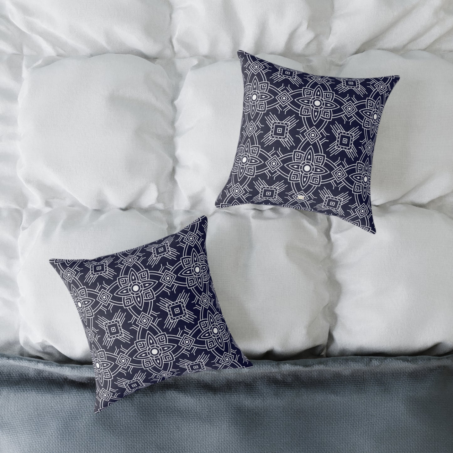Navy White Geometric Mandala Square Pillow | Blue Pattern Throw Pillow