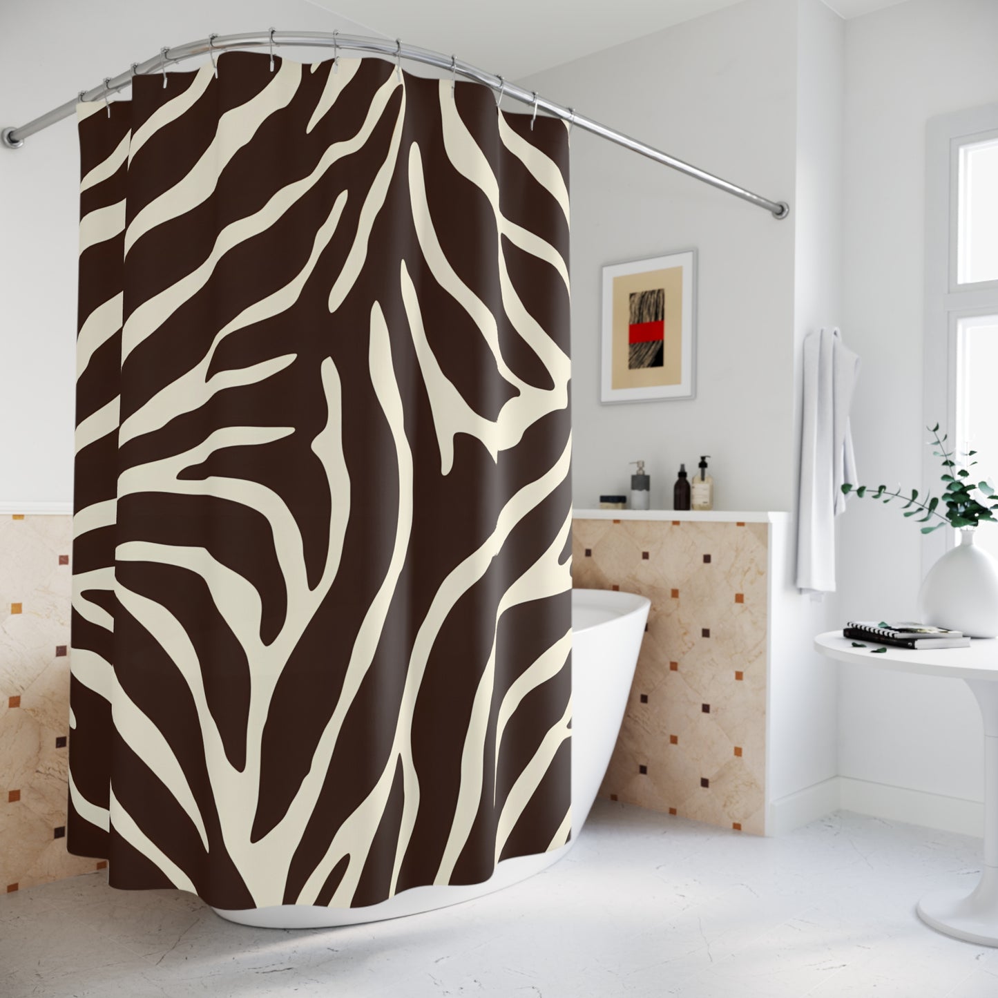 Zebra Stripe Shower Curtain, Brown & White Bathroom Decor, Glam Luxury Bath Curtain, Animal Print Bathroom Accessories, Safari Theme Home