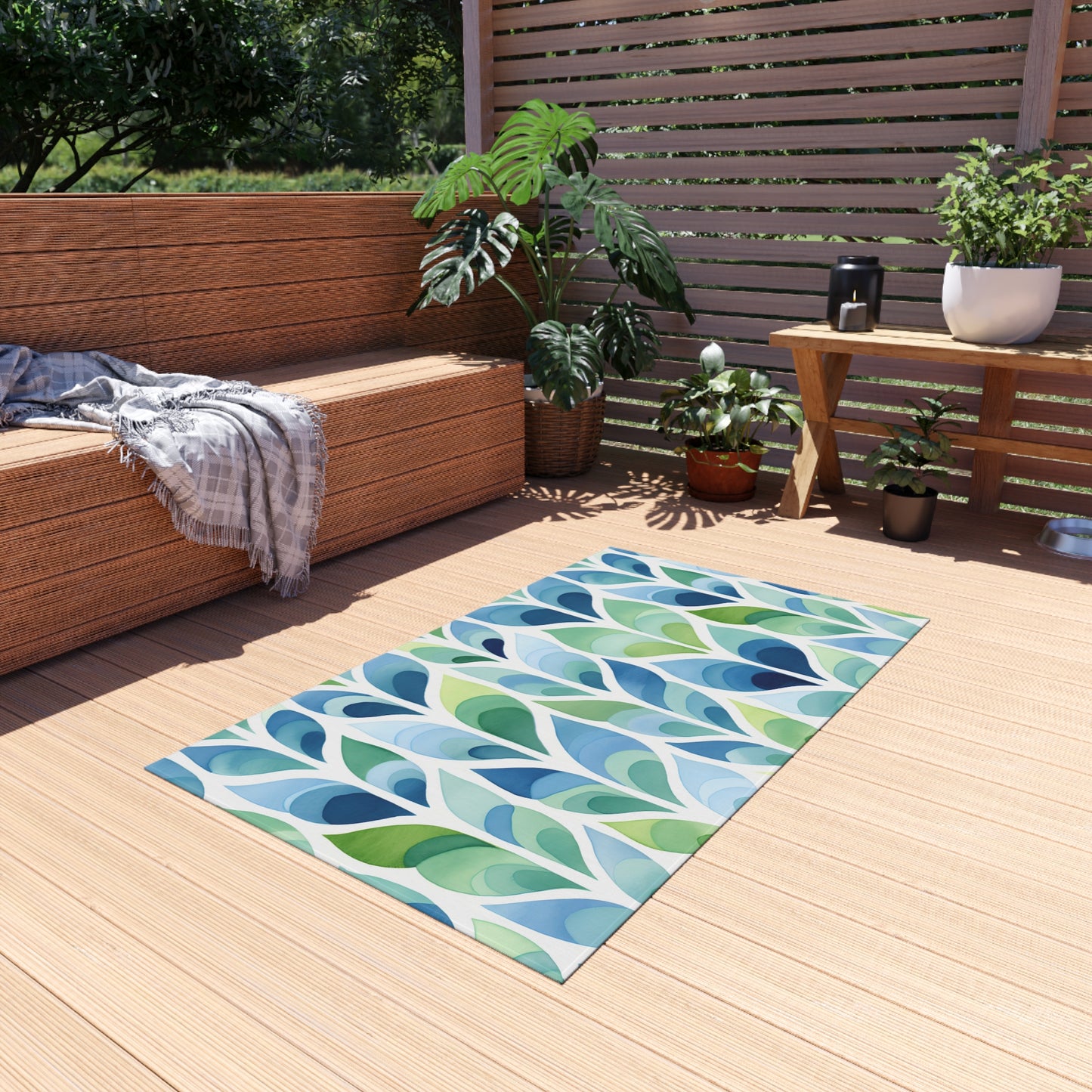 Blue Green Leaf Pattern Outdoor/Indoor Rug | Patio Mat