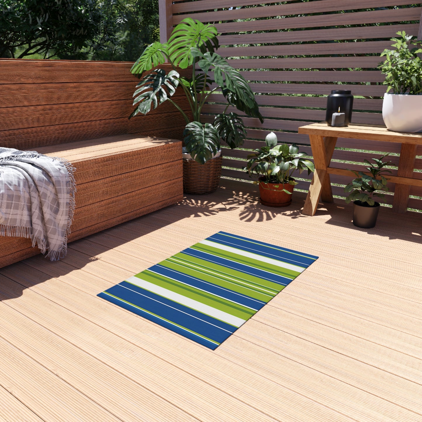 Blue Green Stripe Outdoor/Indoor Rug | Patio Mat, Weatherproof Outdoor Rug