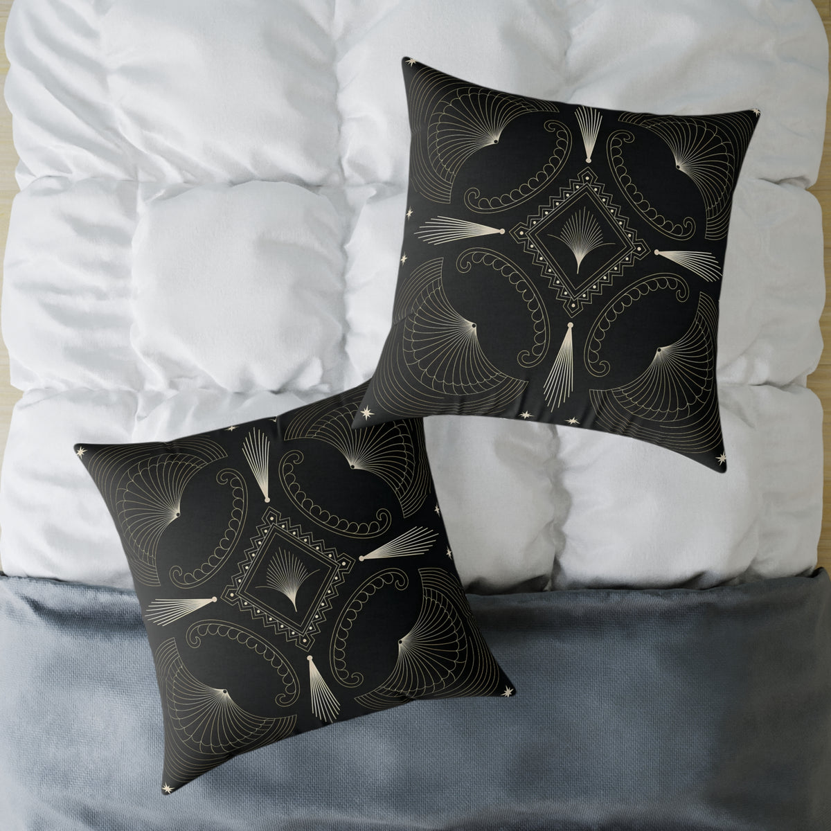 Art Deco Black Cream Geometric Pattern Square Pillow | Decorative Throw Pillow