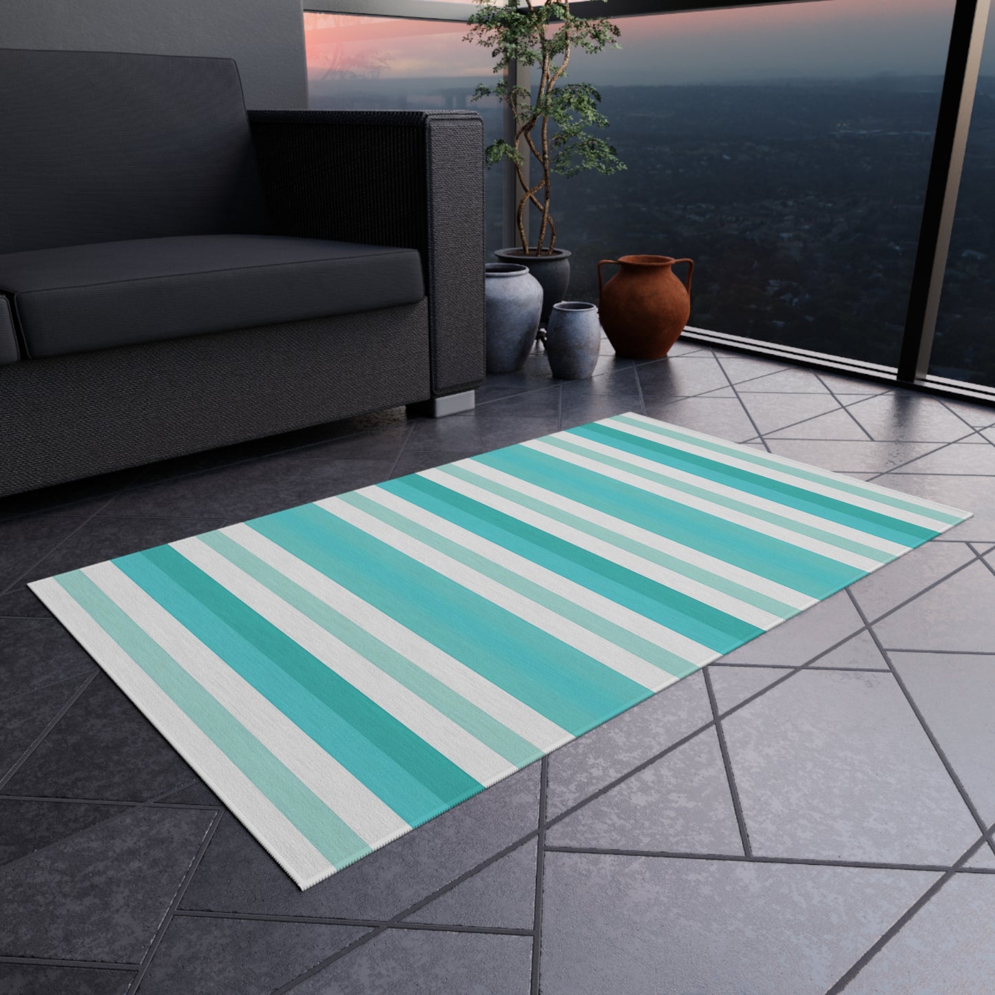 Teal Stripe Outdoor/Indoor Rug | Blue White Striped Patio Mat