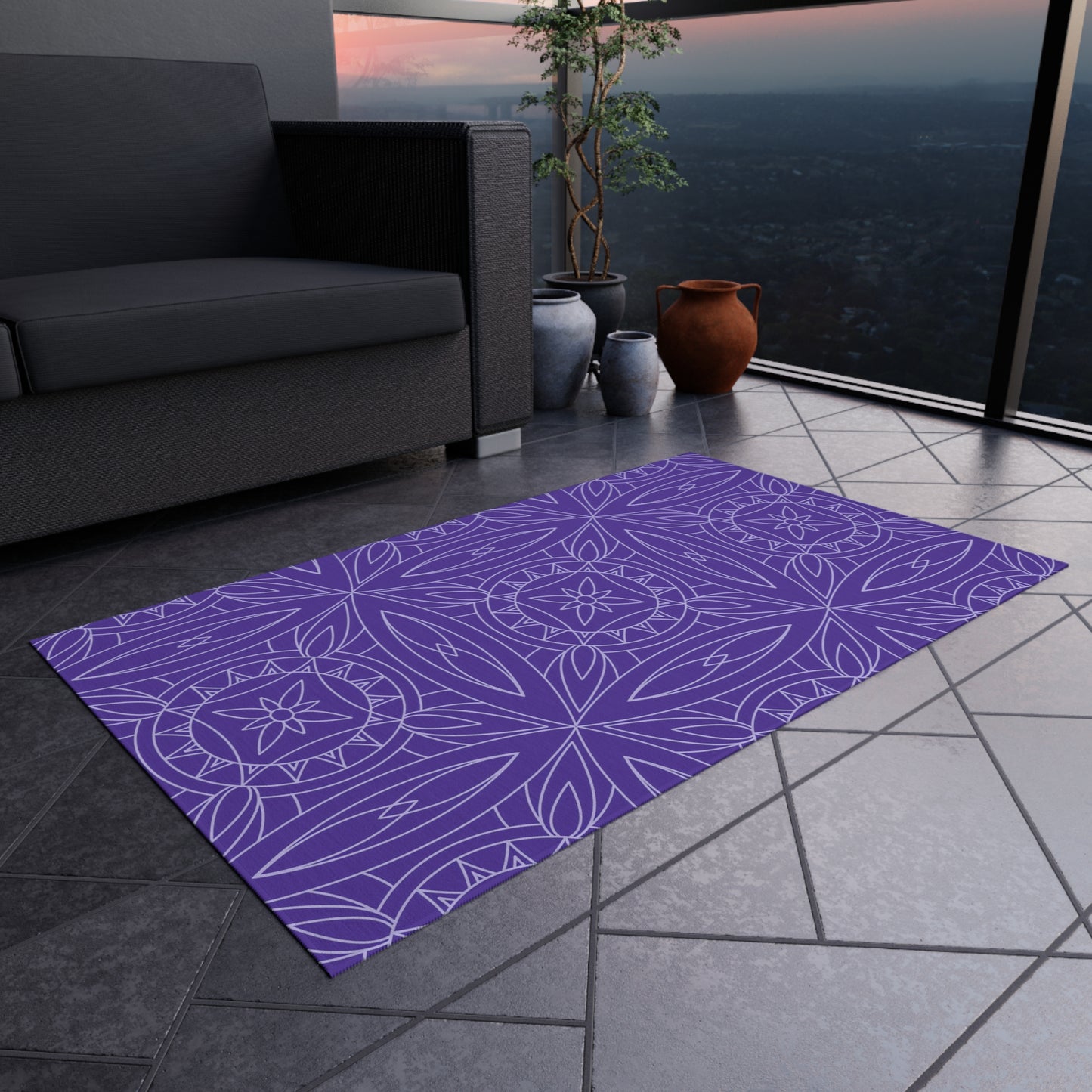 Geometric Floral Tile Indoor/Outdoor Rug | Purple Patio Mat