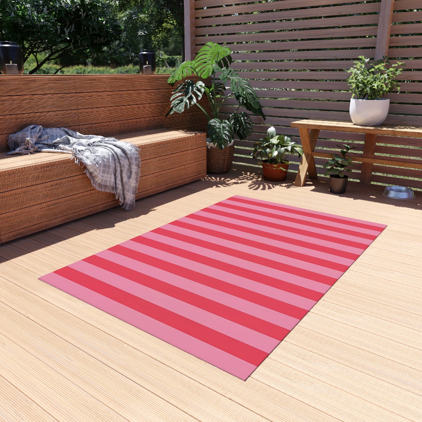 Light Pink and Watermelon Pink Stripe Outdoor Rug | Patio Mat, Water-Resistant Porch Rug