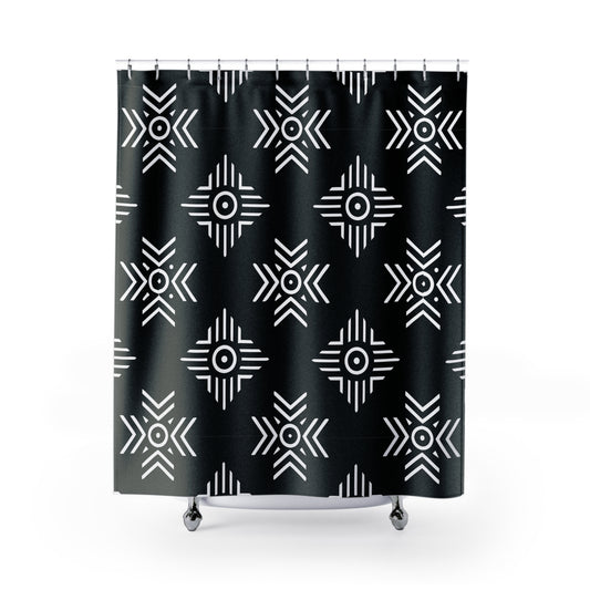 Black White Tribal Geometric Shower Curtain | Aztec Pattern Bathroom Decor