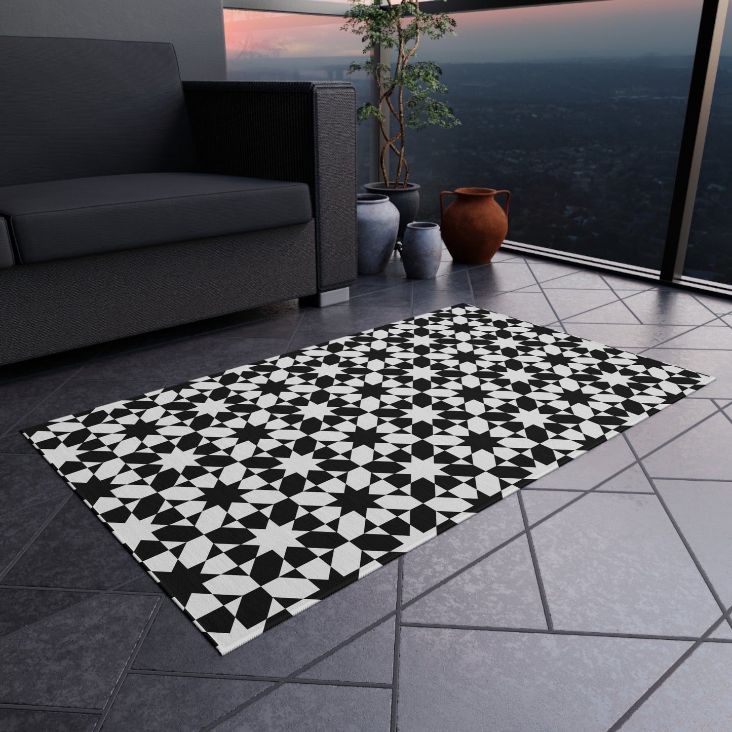Black White Geometric Tile Pattern Indoor/Outdoor Rug | Modern Patio Mat