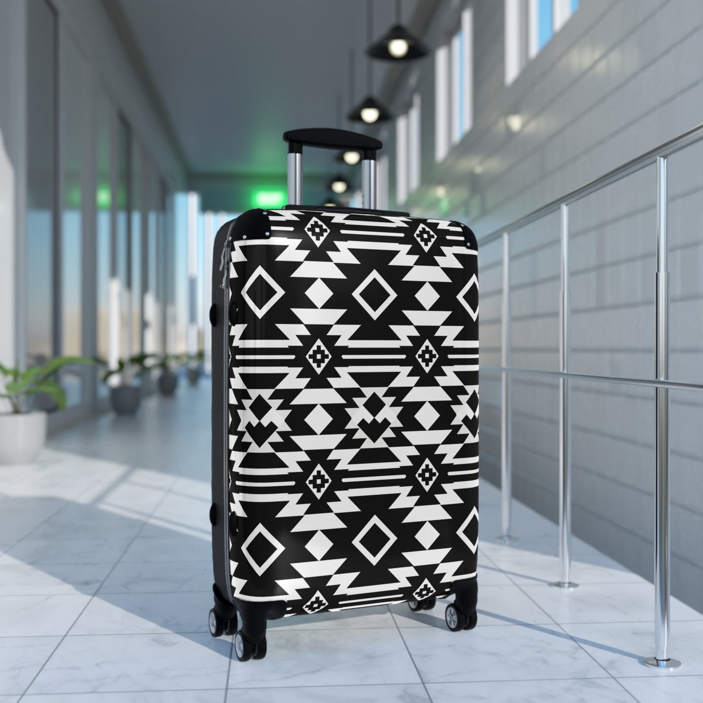 Black White Aztec Geometric Suitcase | Tribal Pattern Luggage