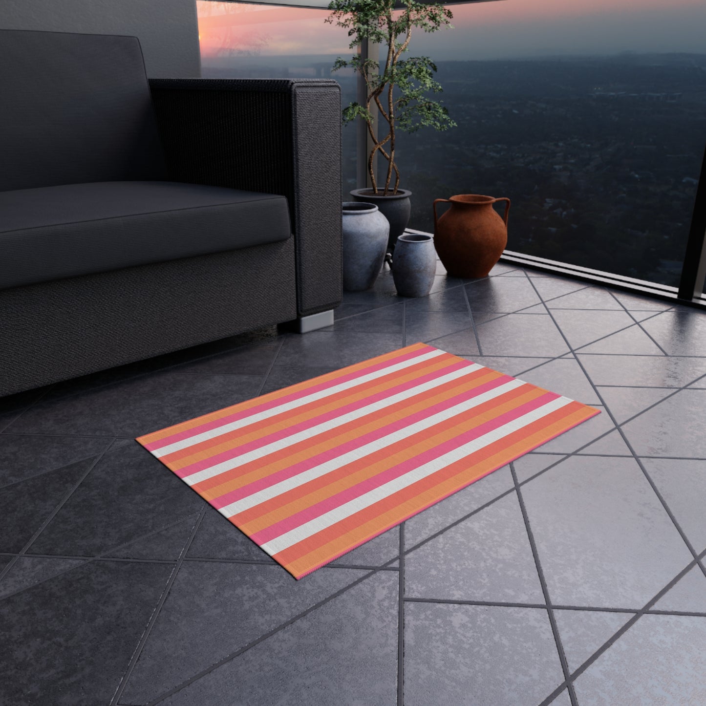 Coral Pink Striped Outdoor Rug | Patio Mat, Water-Resistant