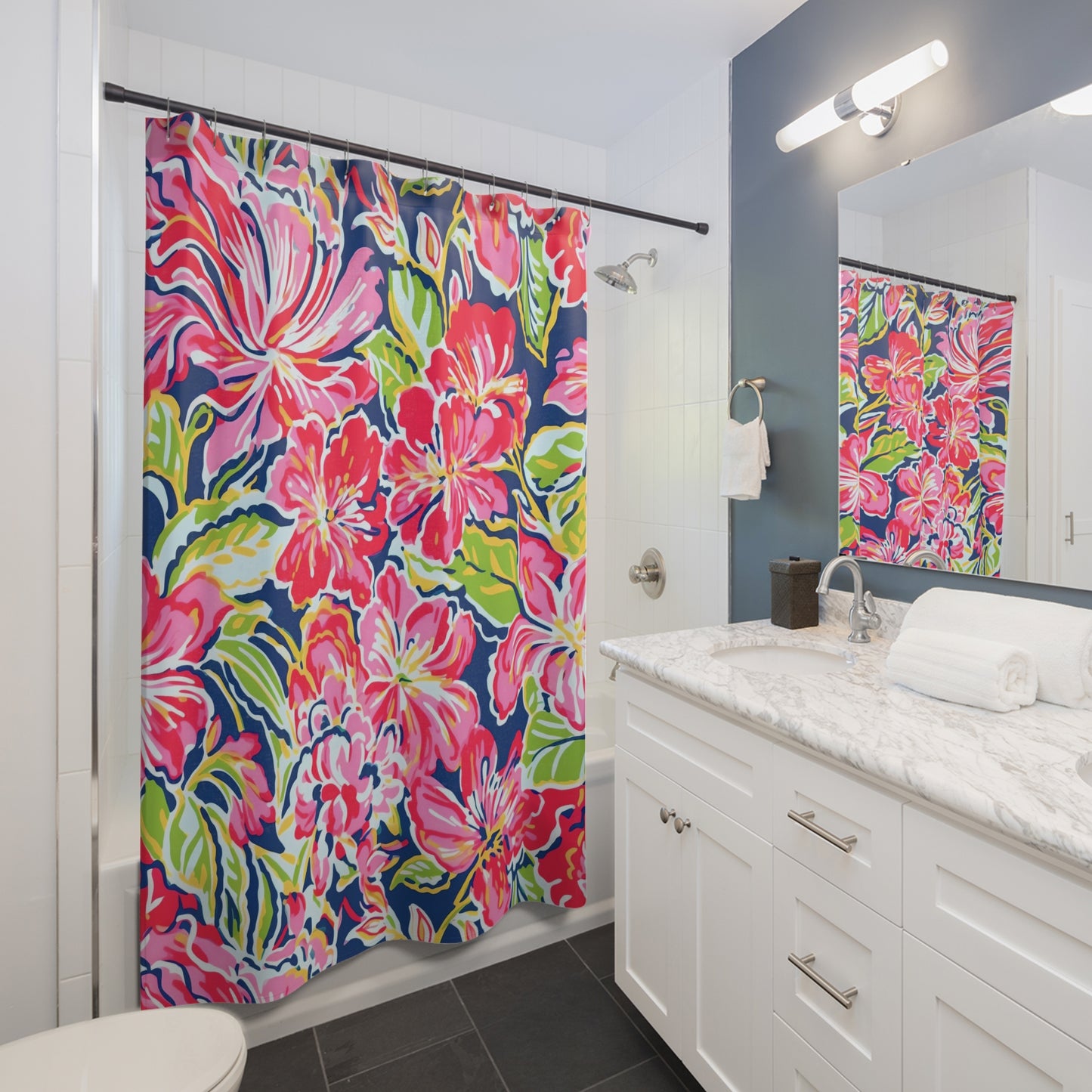 Pink Red Tropical Floral Shower Curtain | Navy Hibiscus Pattern