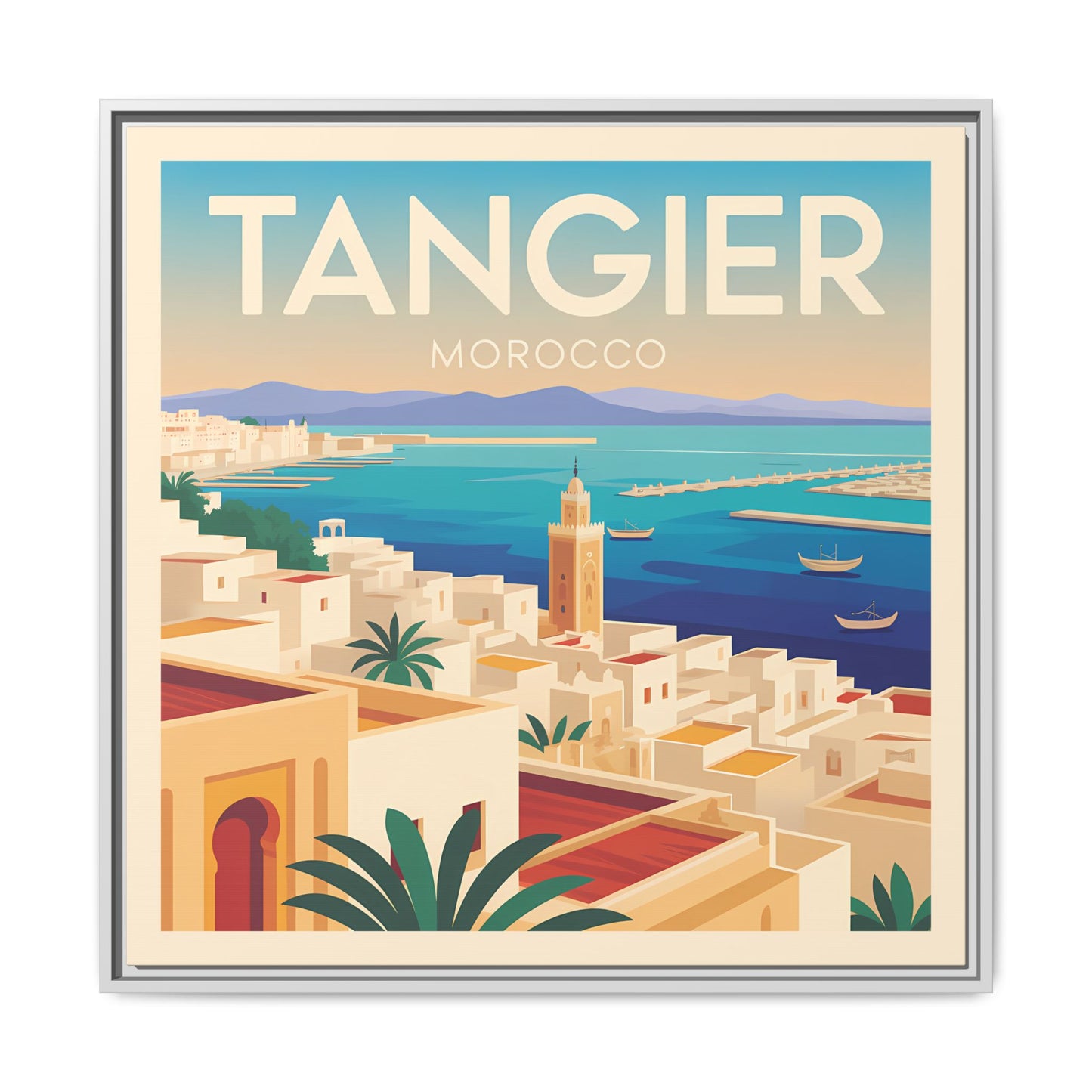 Tangier Morocco Travel Framed Wall Art Matte Canvas | Vintage Style Coastal Wall Art