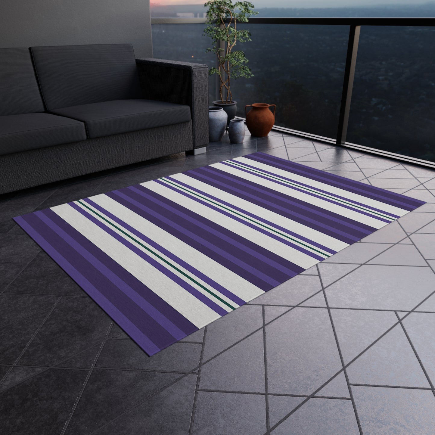 Purple White Stripe Pattern Outdoor/Indoor Rug | Coastal Patio Mat