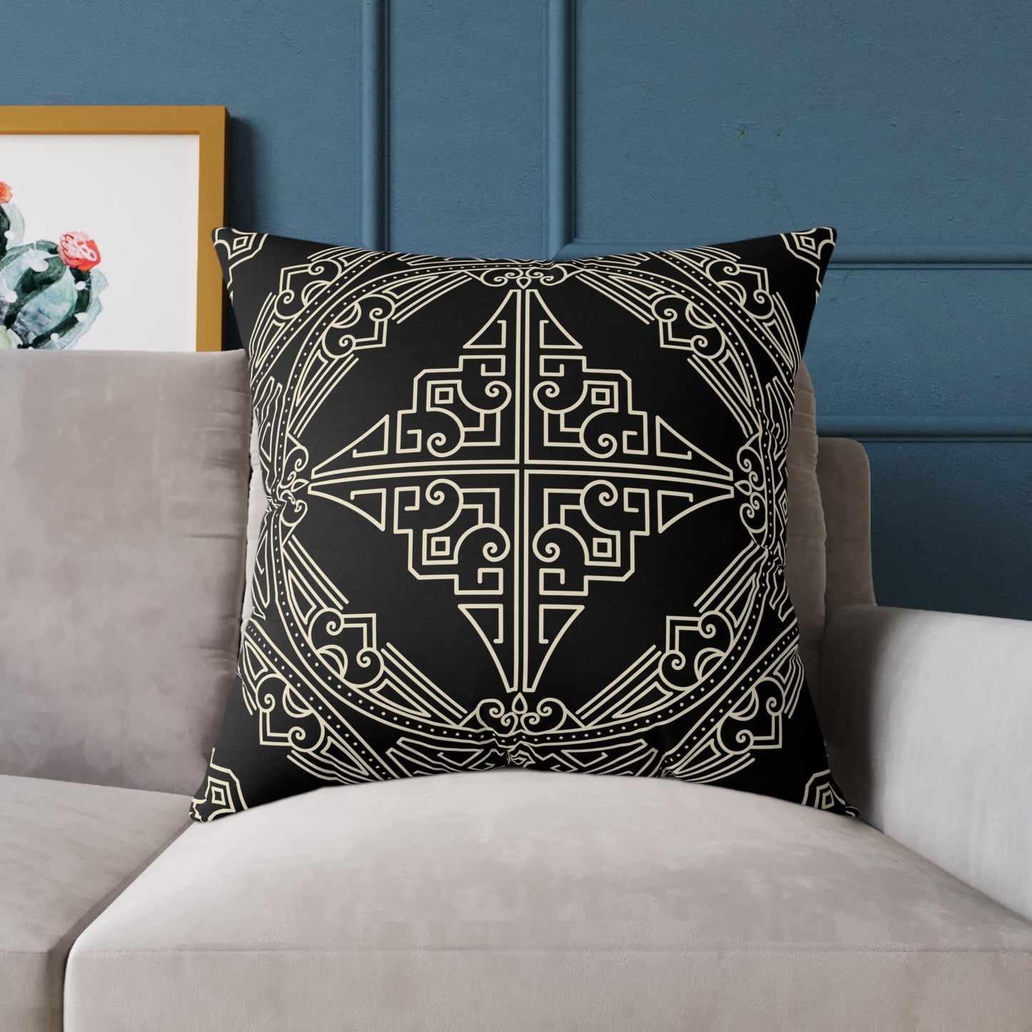 Black and Off-White Geometric Celtic Knot Square Pillow | Poly Canvas Throw Pillow