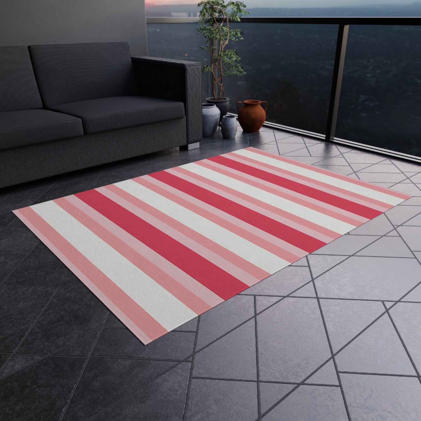 Pink White Striped Outdoor/Indoor Rug | Patio Mat, Red and Blush Stripes