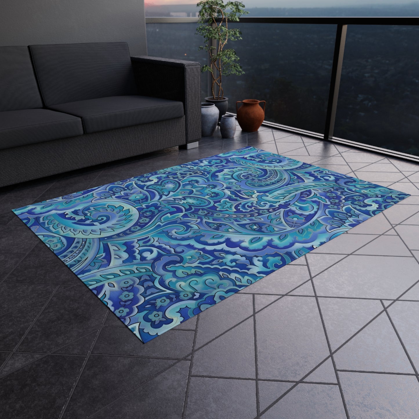 Blue Paisley Pattern Outdoor/Indoor Rug | Waterproof Patio Mat