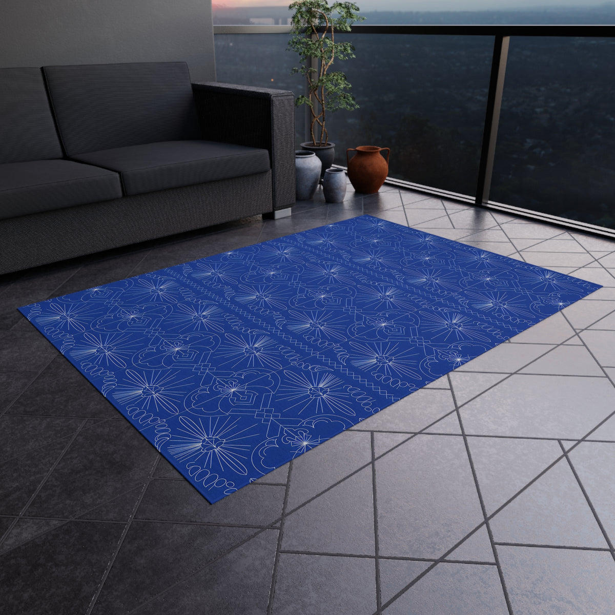 Cobalt Blue Geometric Floral Pattern Outdoor Rug | Patio Mat