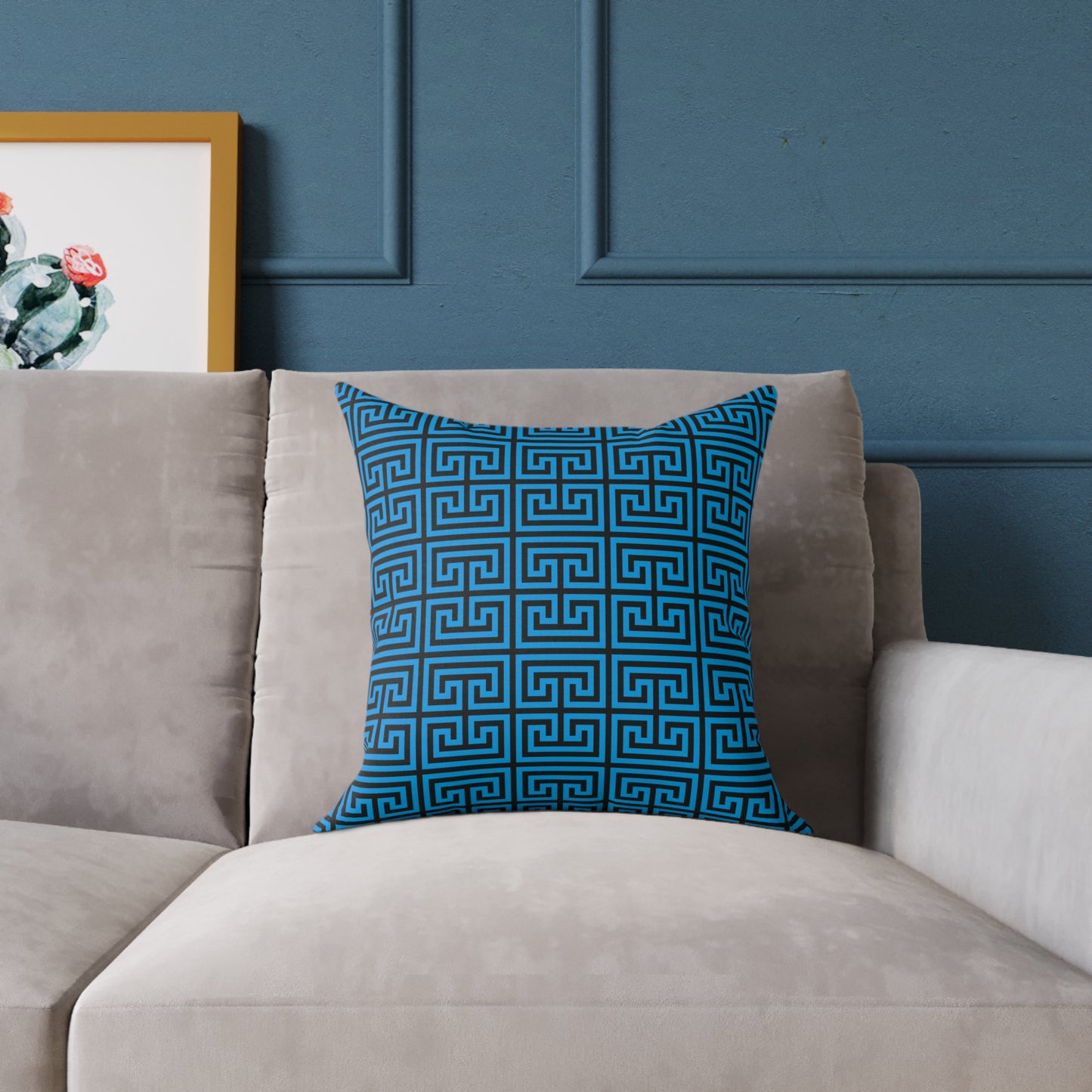 Nautical Greek Key Pattern Square Pillow | Blue Geometric Throw Pillow