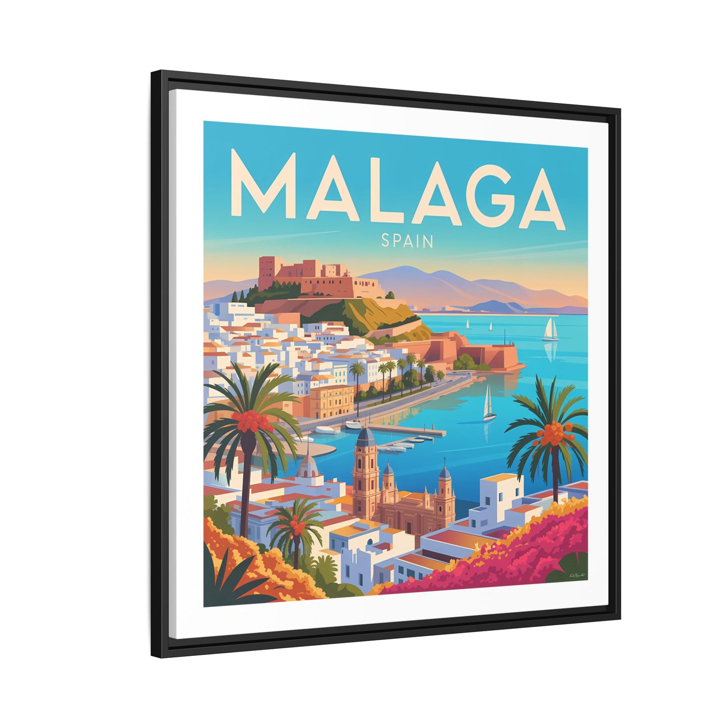 Malaga Spain Coastal  Matte Canvas Framed Wall Art| Vintage Style Travel Art