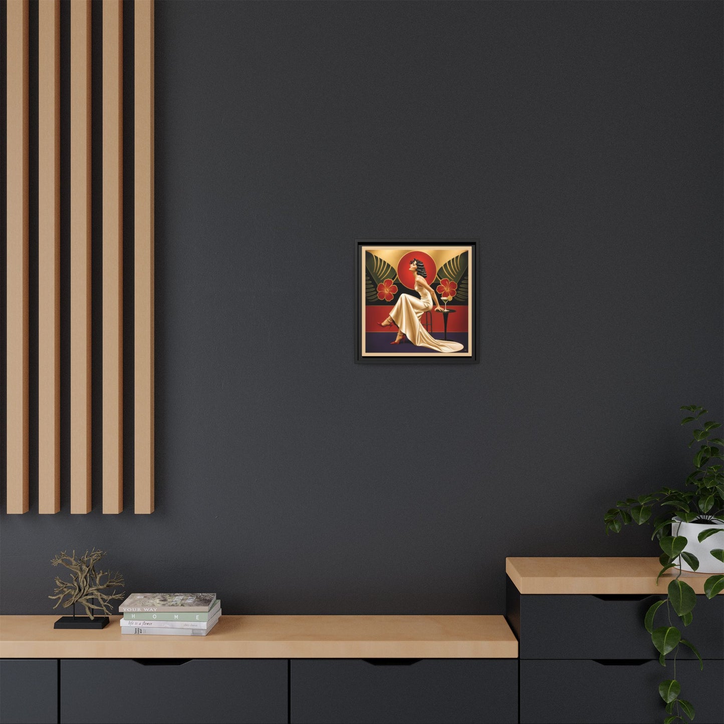 Art Deco Lady Red Green Beige Tropical Canvas Framed Wall Art | Matte Print