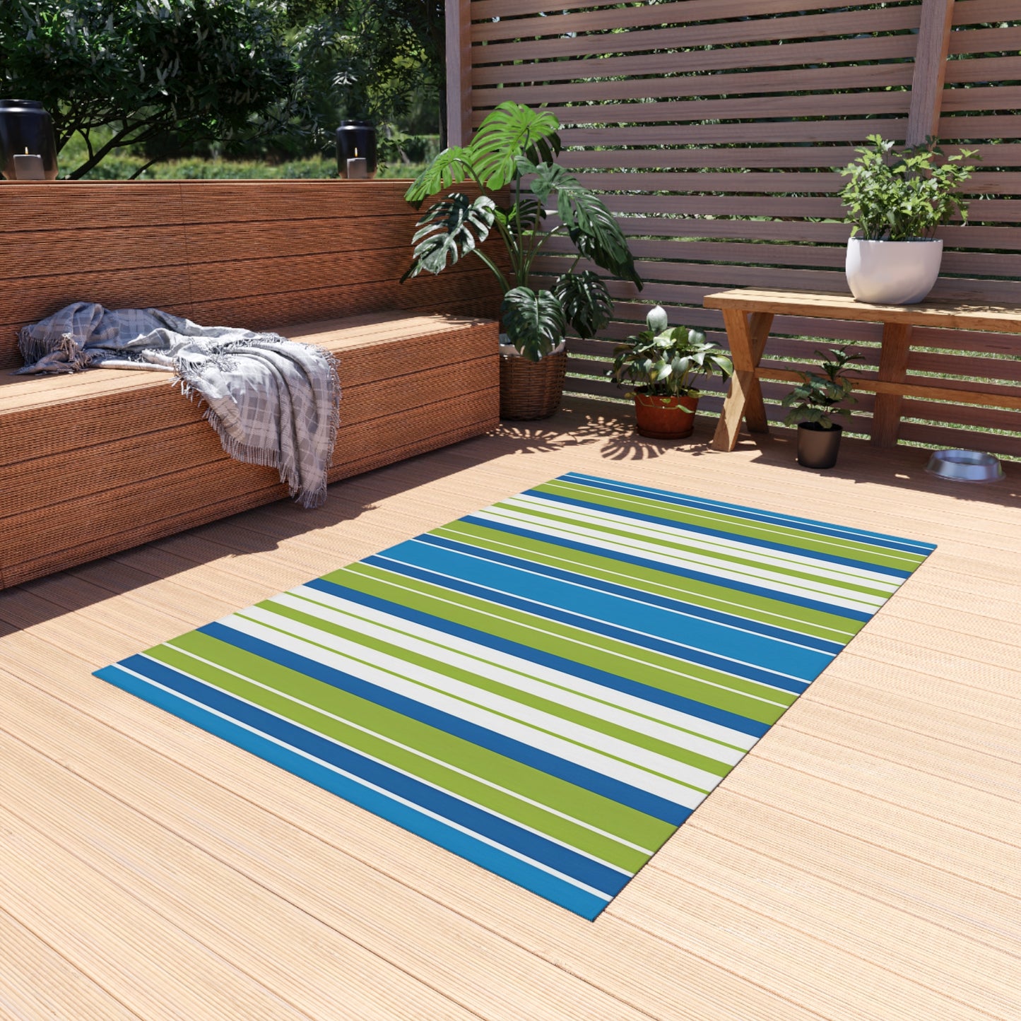 Blue Green Striped Outdoor/Indoor Rug | Patio Mat