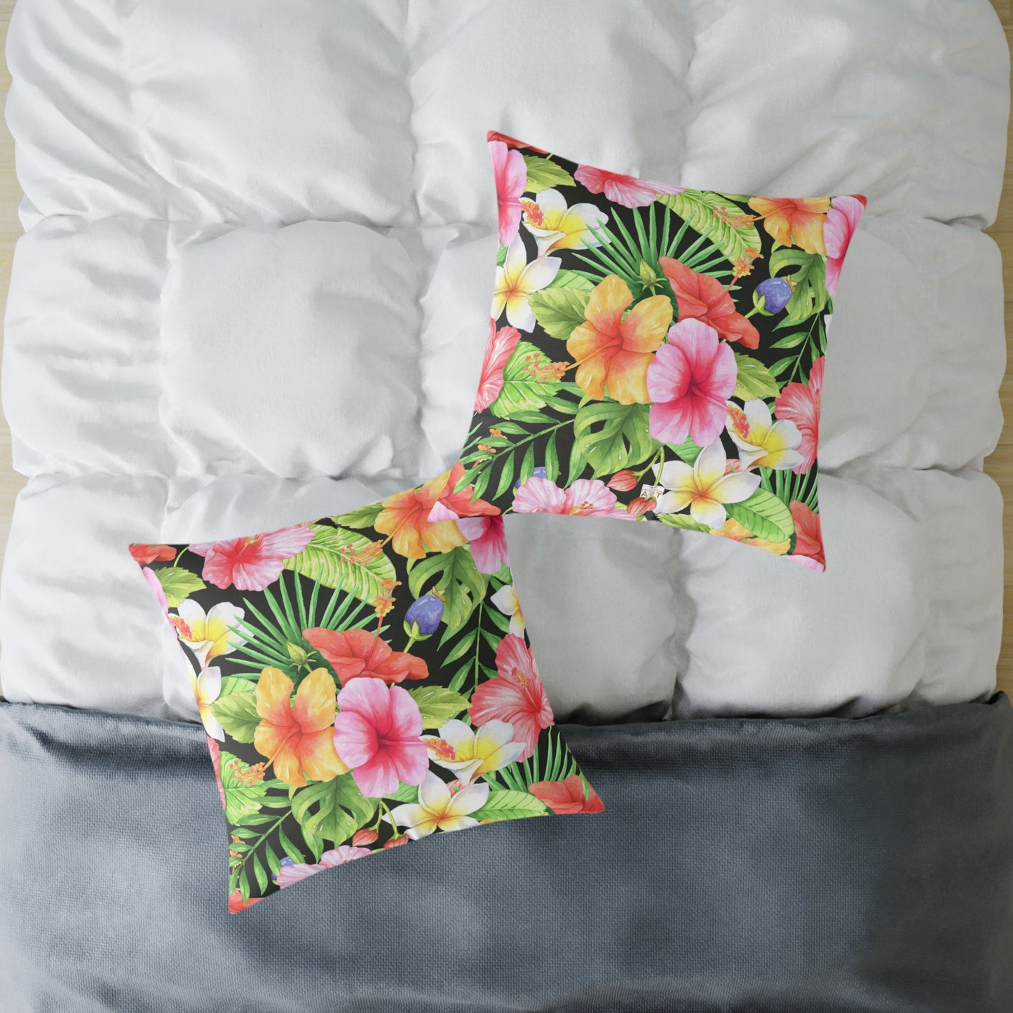 Tropical Pink Yellow Green Hibiscus Floral Square Pillow | Hawaiian Leaves Pattern