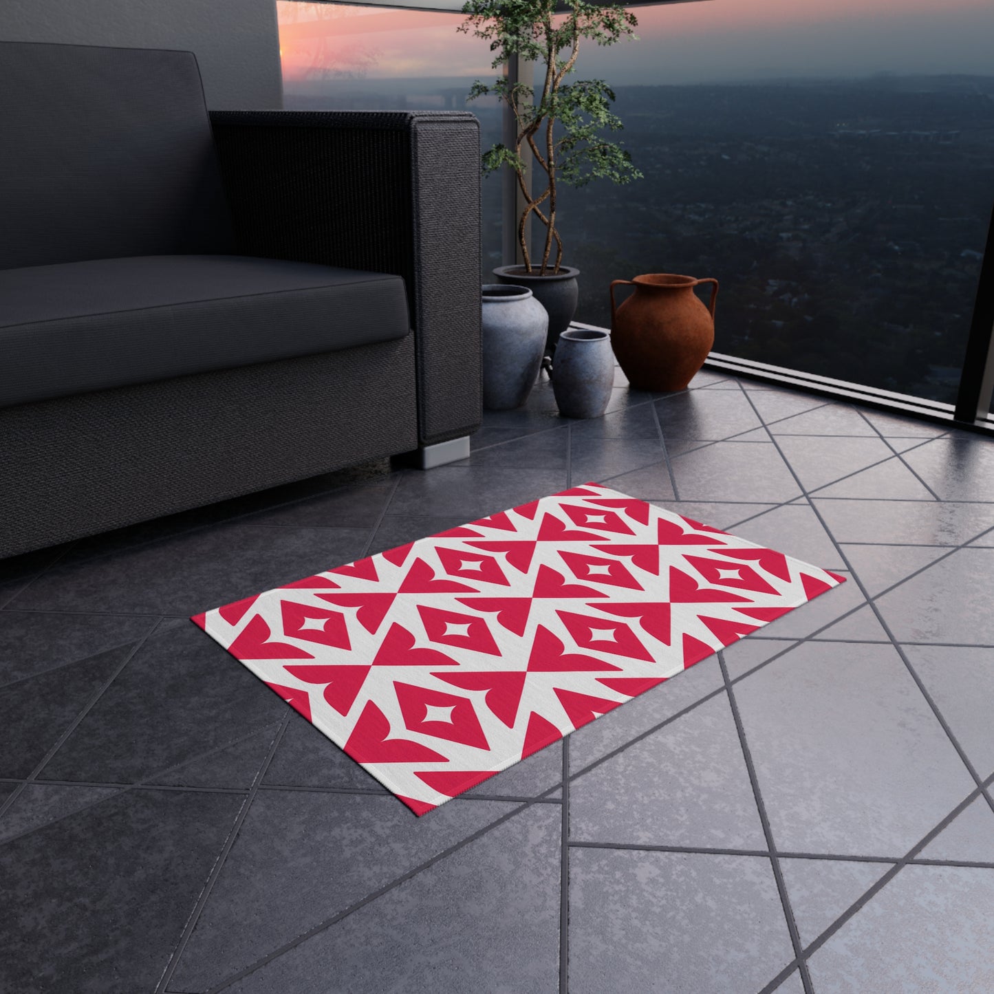 Rosey-Red Geometric Diamond Pattern Outdoor/Indoor Rug | Modern Patio Mat