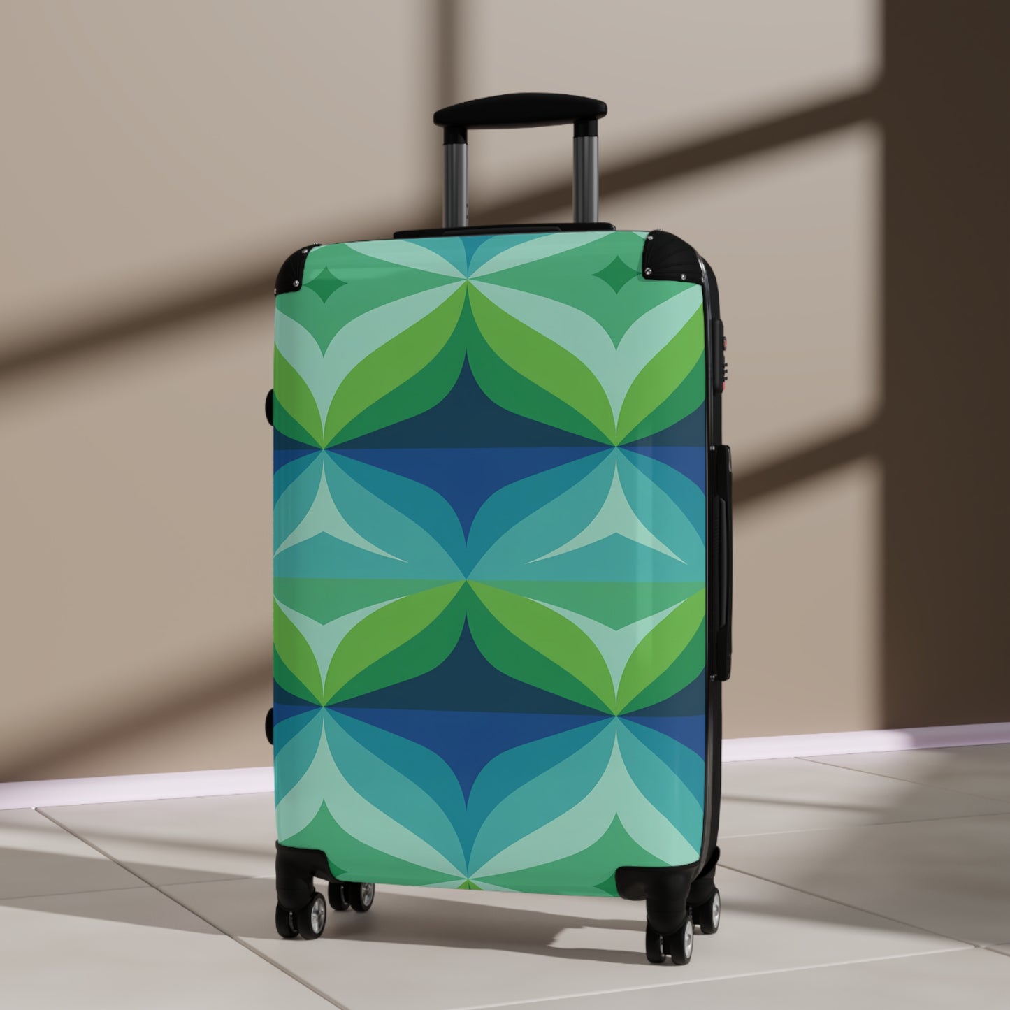 Retro Geometric Mid Century Pattern Suitcase | Green Blue Travel Luggage